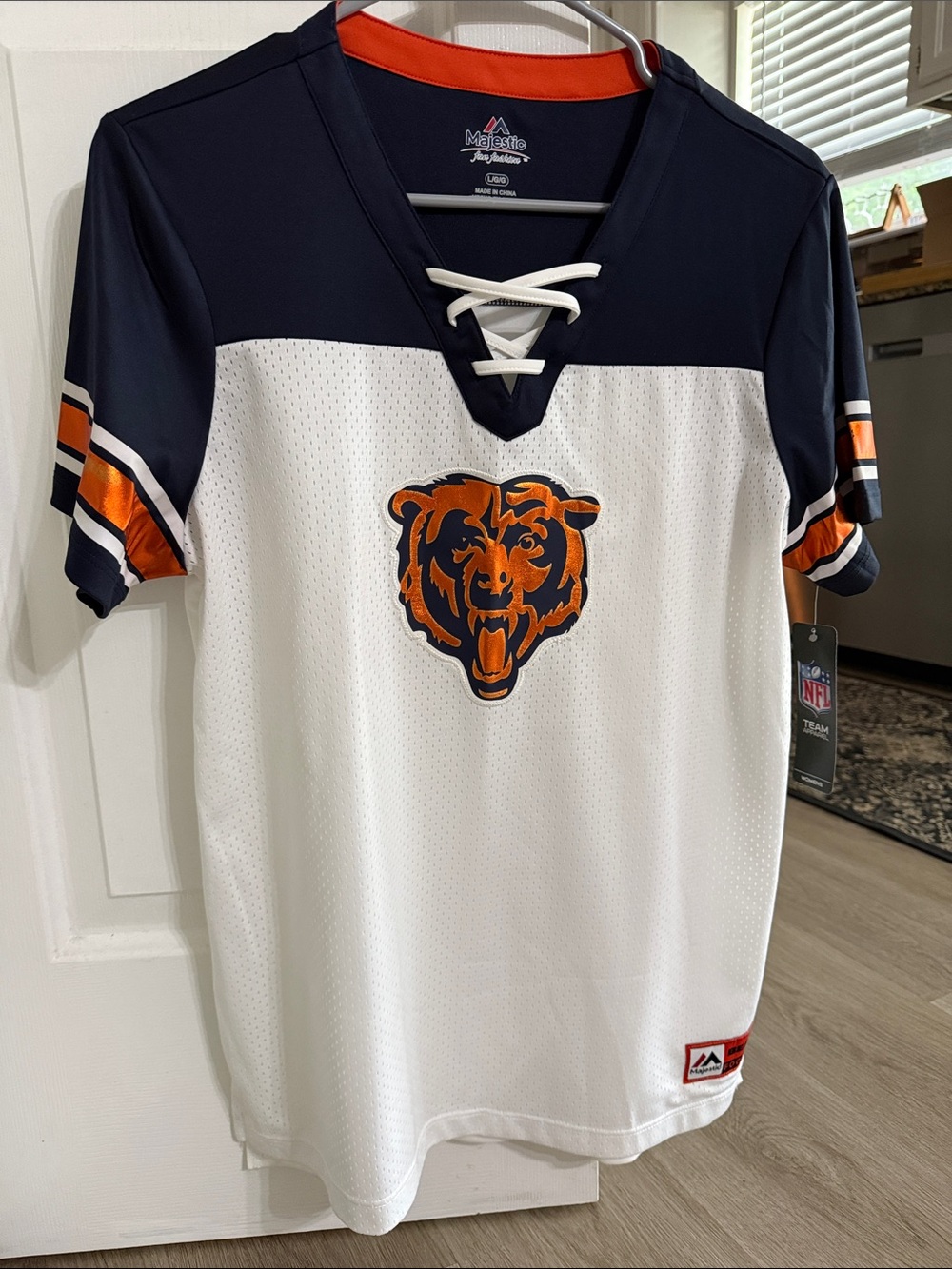 Majestic Chicago Bears Lace-Up Jersey in White, Navy & Orange